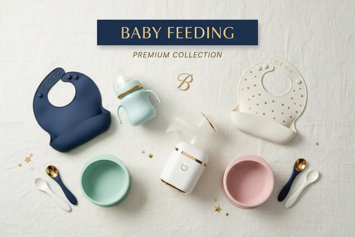 Baby feeding set with silicone bibs, pastel bowls in mint green and pink, and a light blue sippy cup with gold accents