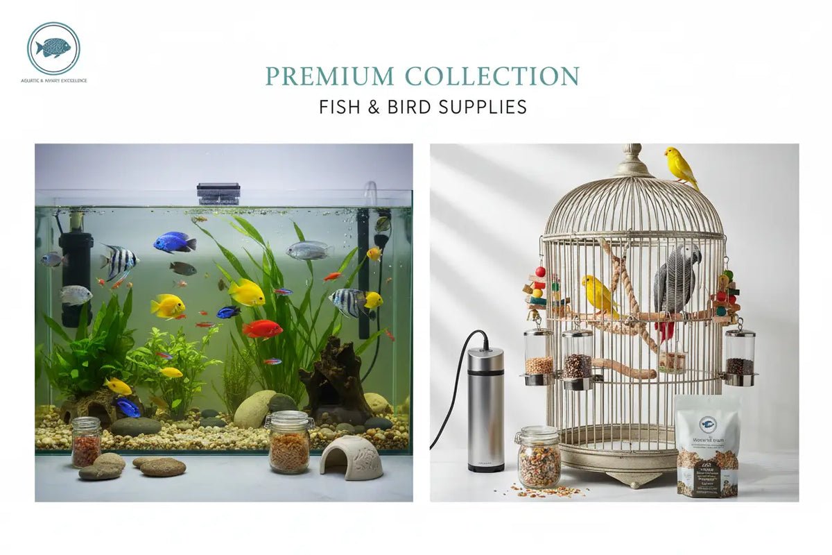 A premium collection of aquatic and avian essentials featuring a colorful tropical fish aquarium and a decorative metal birdcage with yellow canaries and gray parrots