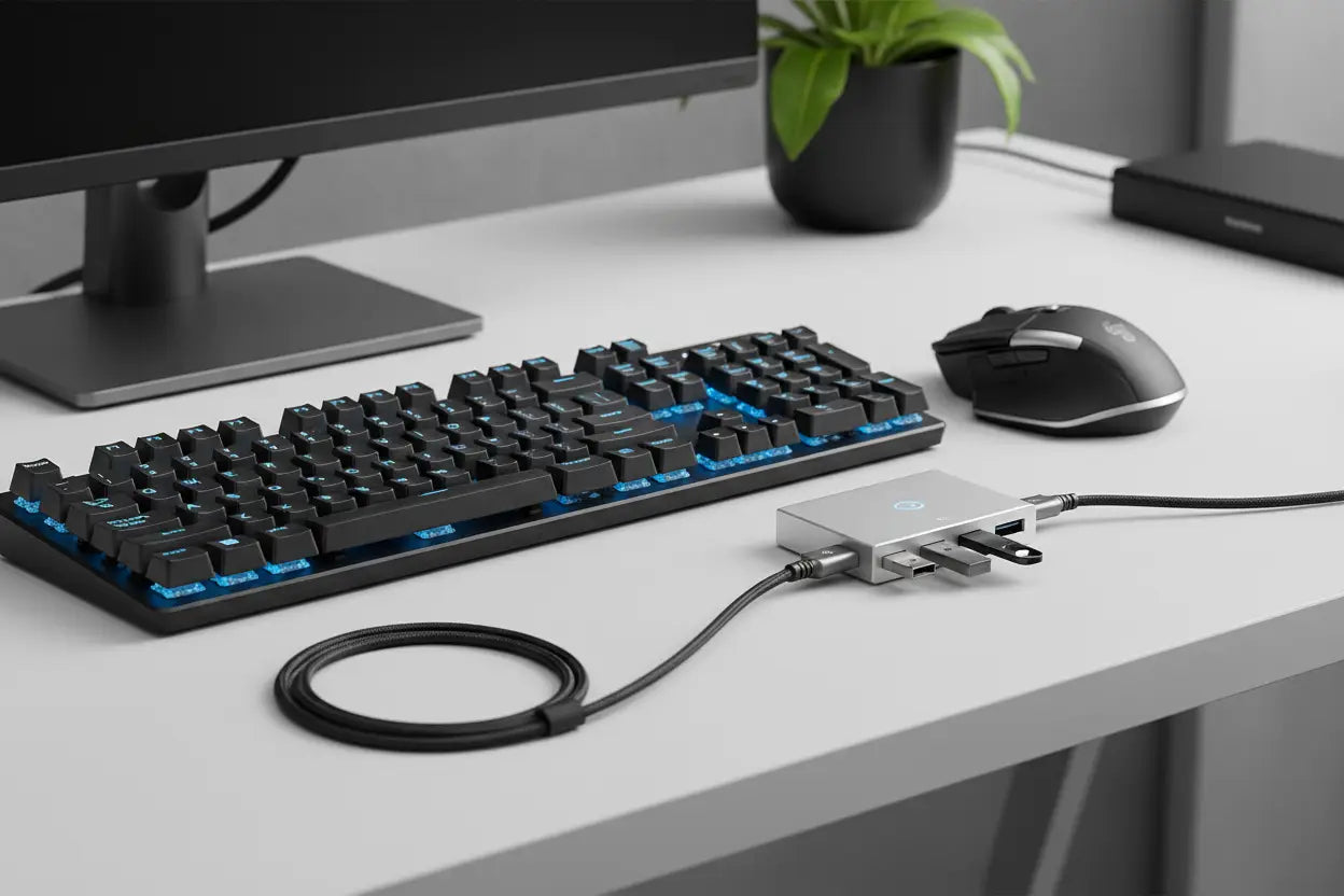 Silver usb-c hub with multiple ports and a coiled cable in essential computing and workspace tools collection