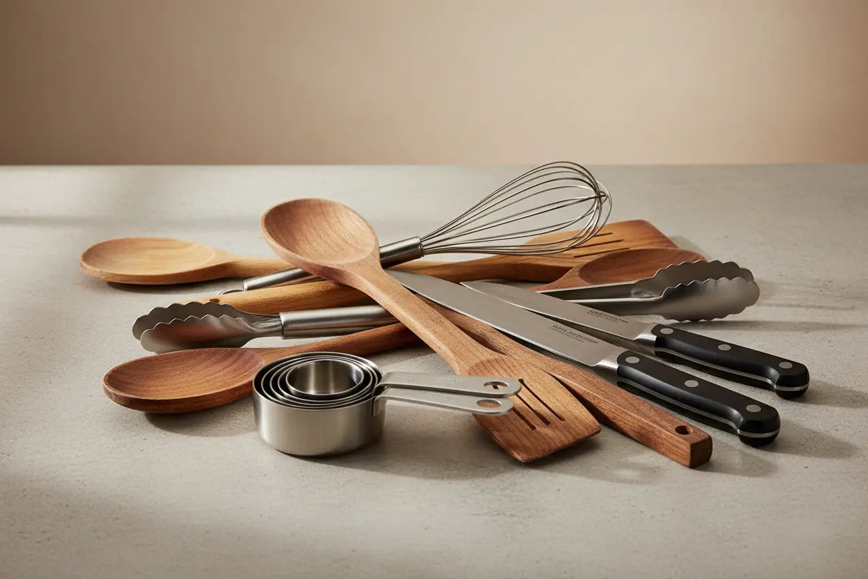 Set of essential wooden and stainless steel kitchen utensils with black-handled knives measuring cups spoons and whisk.