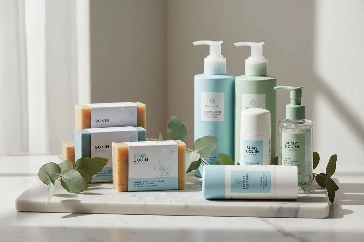 A minimalist set of bonin skincare and bath products in pastel blue and white packaging with pump dispensers and soap bars.