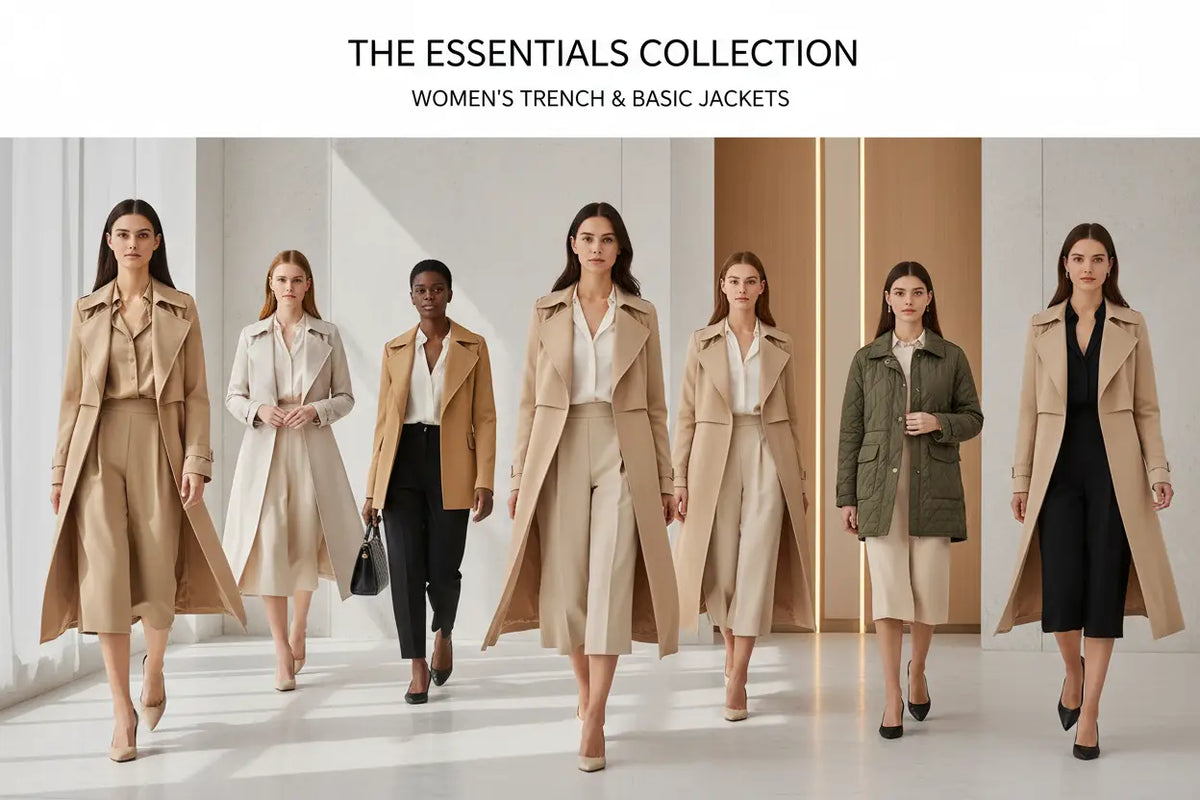 Beige trench coat with classic double-breasted design and structured shoulders from essential trench and basic jackets collection.