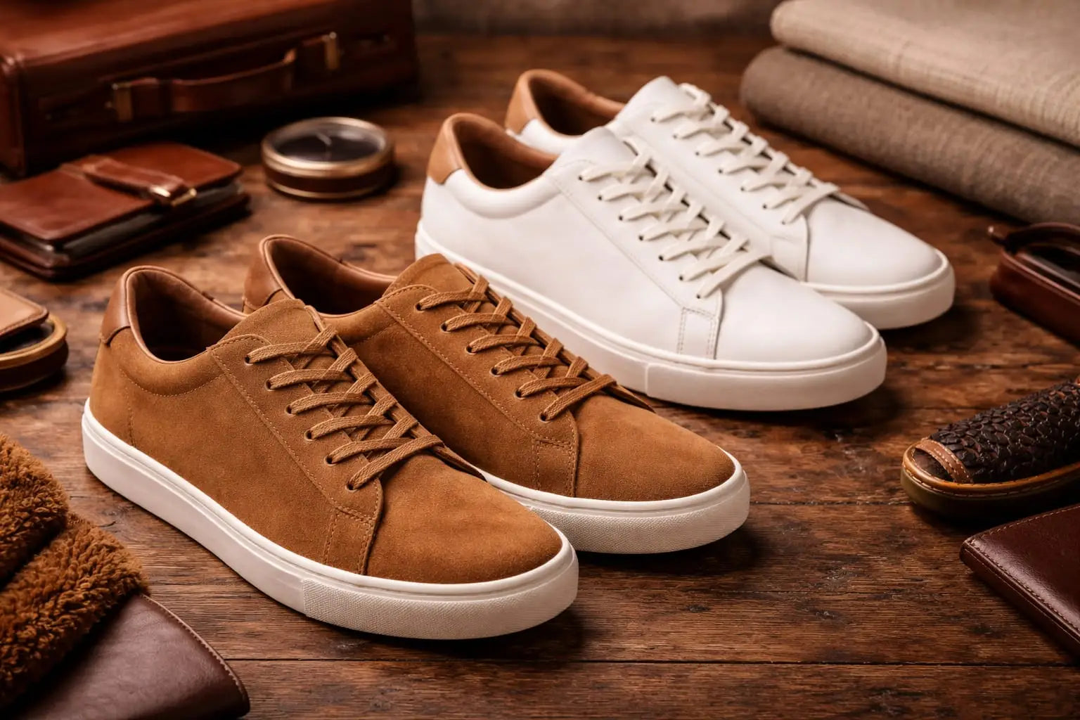 Tan suede low-top sneakers with white rubber soles and matching laces in everyday comfort casual shoes collection