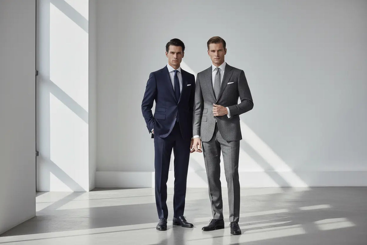 Two men wearing tailored executive mens suits in navy blue and gray with matching ties for formal occasions.