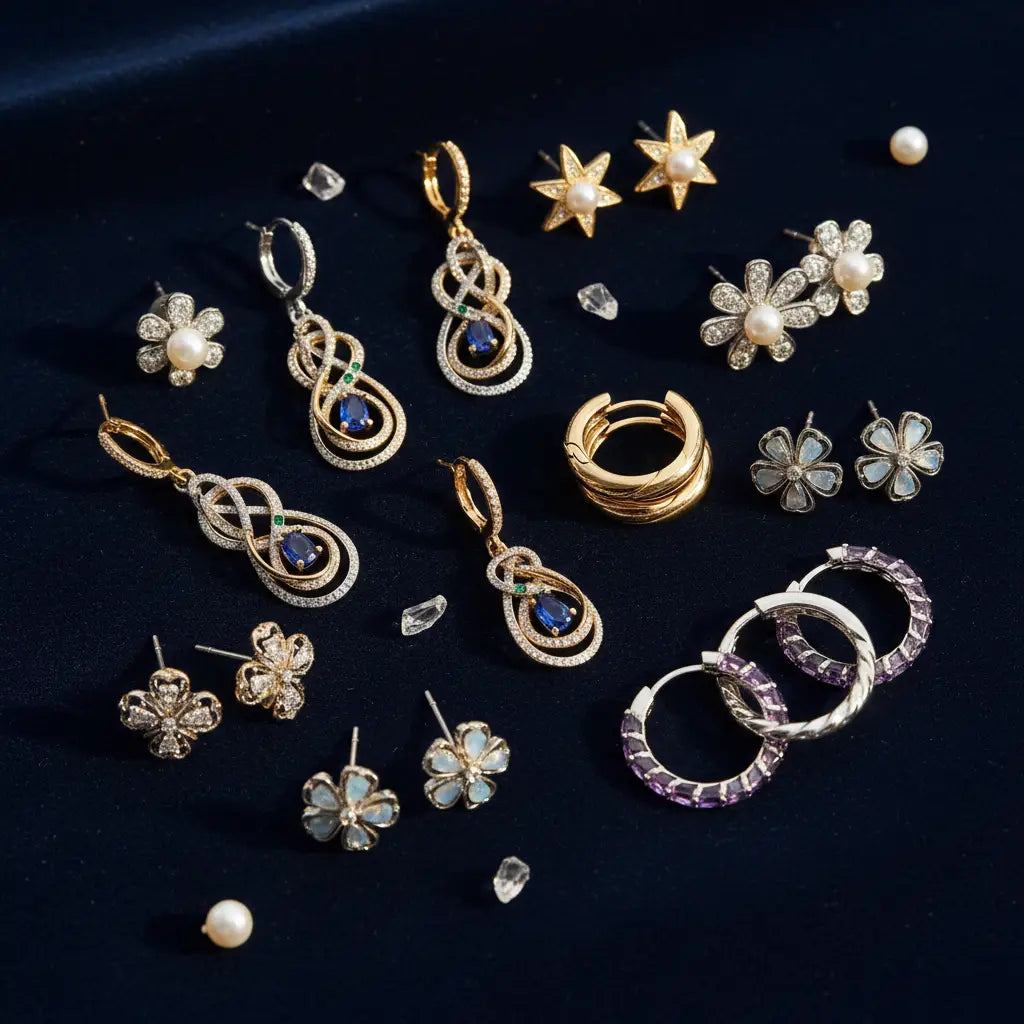 A collection of elegant gold and silver designer earrings with blue sapphires diamonds pearls and floral motifs.
