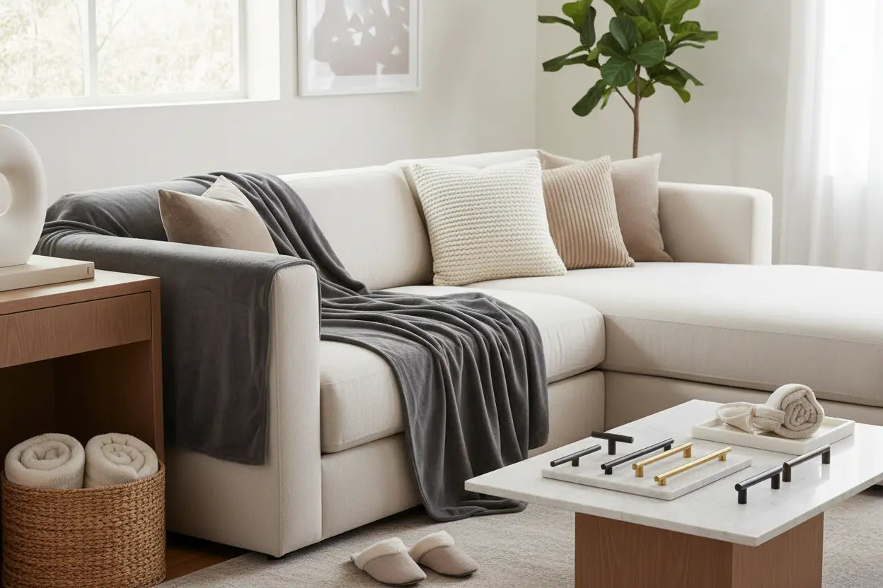 Cream-colored sectional sofa with plush cushions and soft gray throw blanket in furniture protection and accents collection