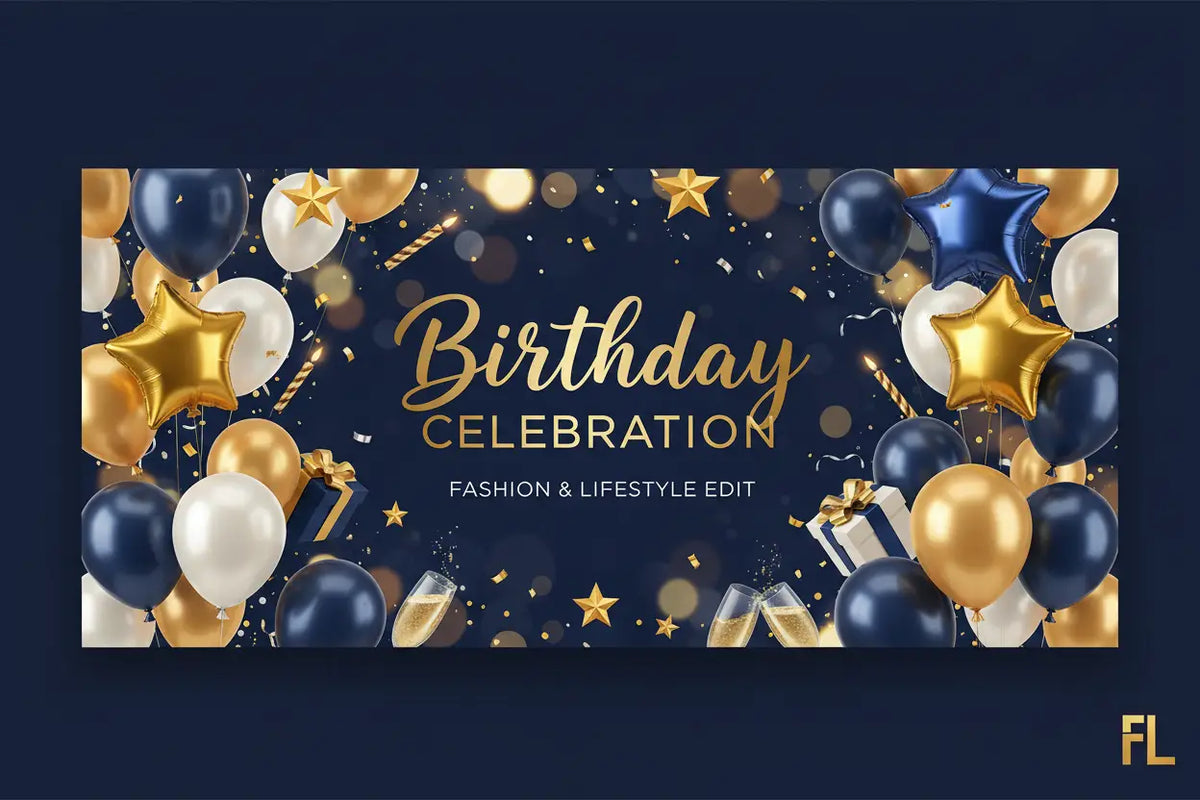 Gilded birthday celebration banner with navy gold and white balloons and star confetti in a birthday decoration set