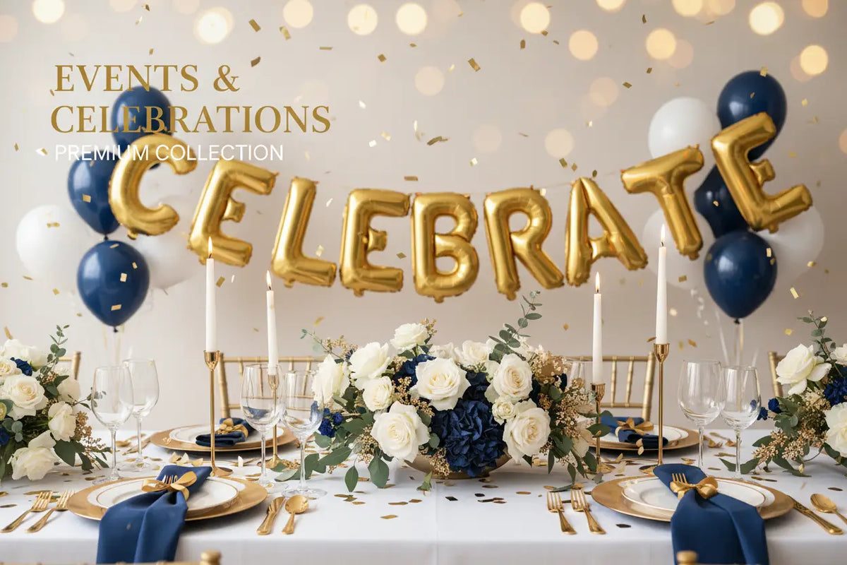 Gold foil balloon letters spelling celebrate ideal for events and celebrations decoration in metallic gold color.