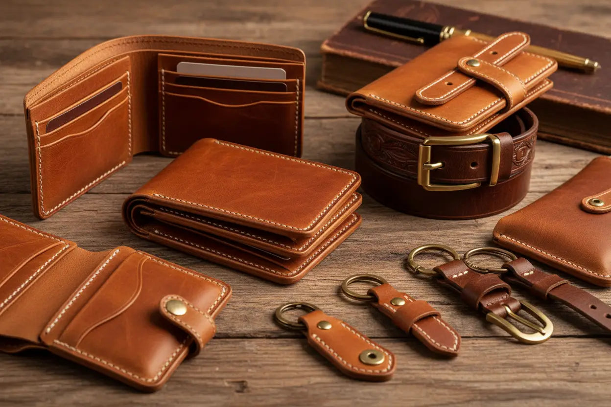 Brown leather wallet with visible stitching and multiple card slots from handcrafted genuine leather accessories collection.