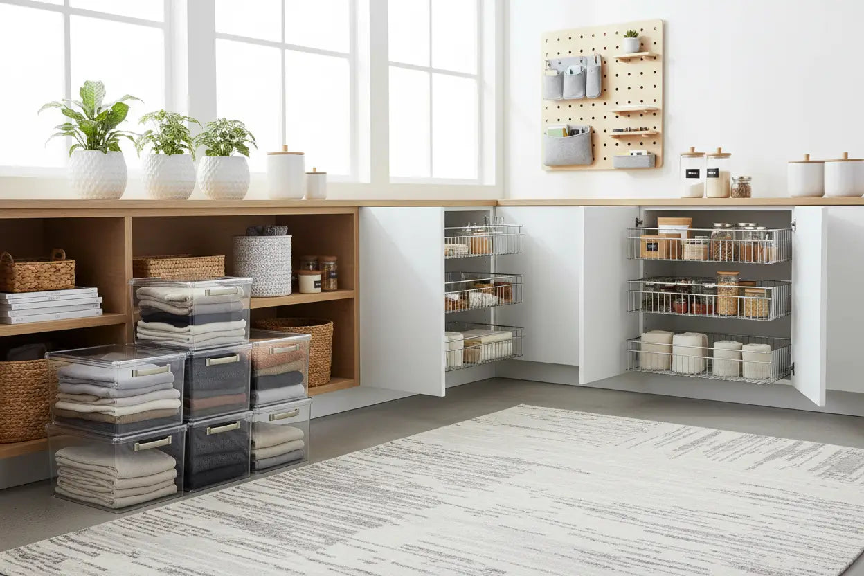 White wooden shelving unit with wire mesh organizers in open compartments and closed cabinet doors for storage