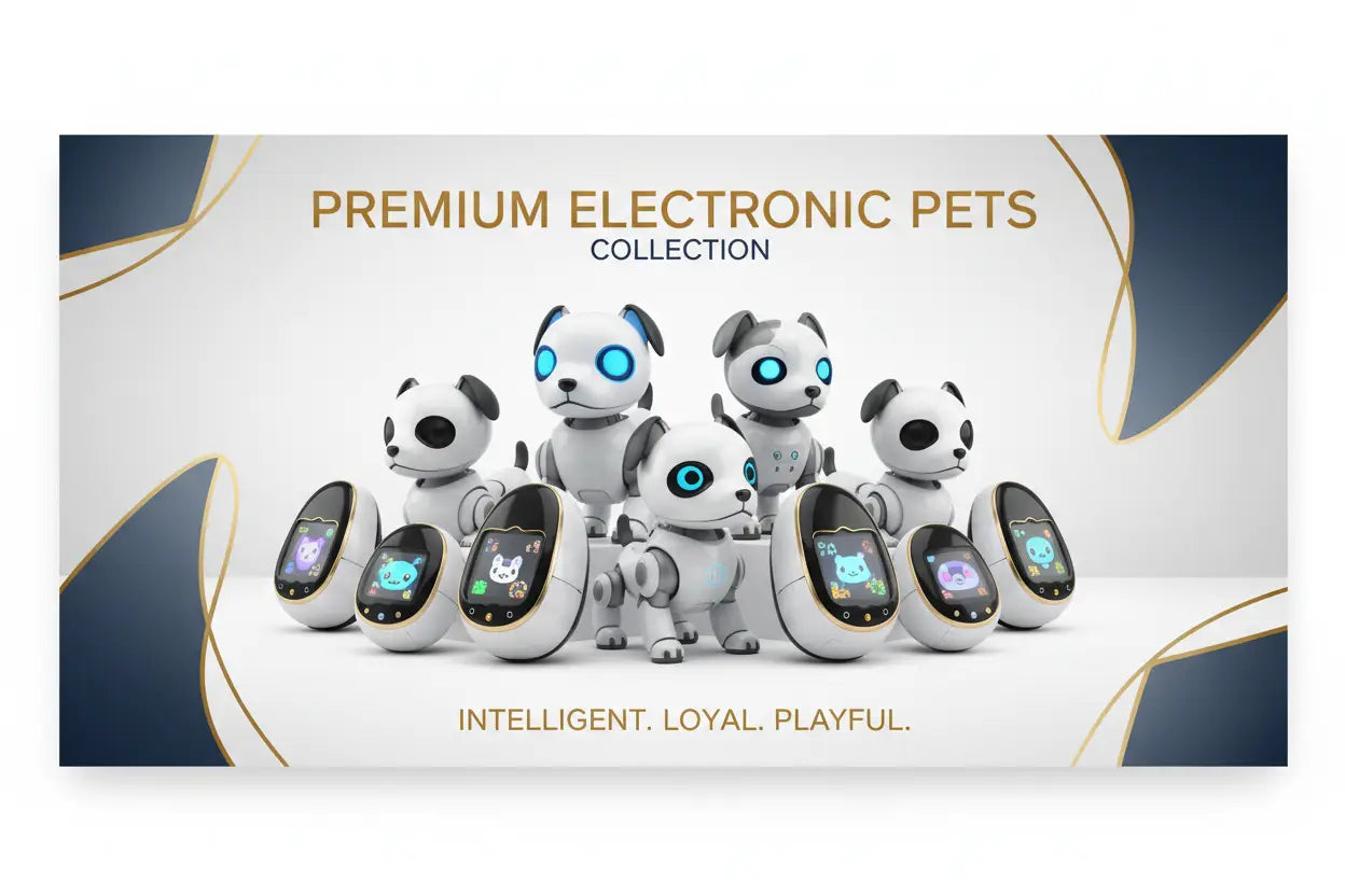 White robotic dogs with glowing blue eyes and touchscreen belly panels from interactive robotic pets collection