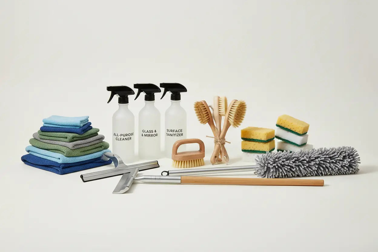 Set of three clear plastic spray bottles with black nozzles labeled for all-purpose cleaner glass mirror and surface sanitizer