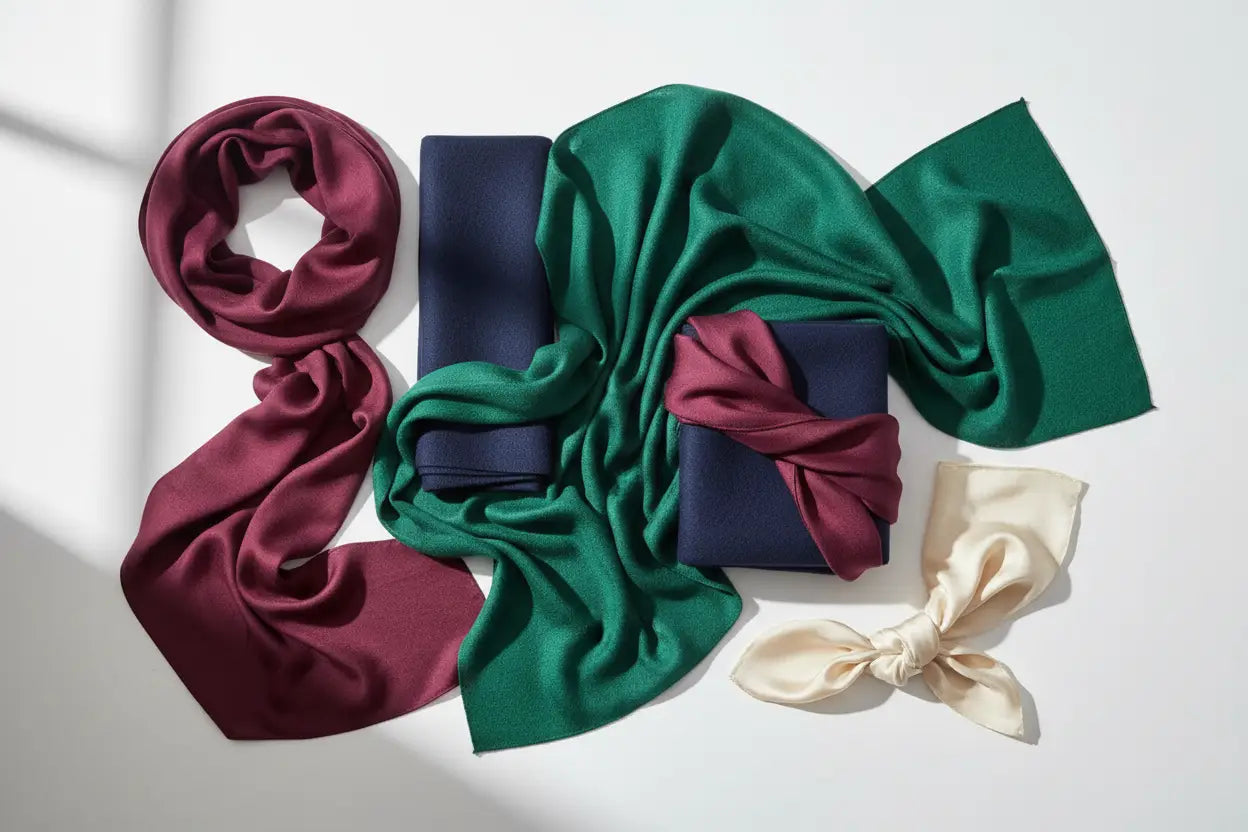 A collection of elegant silk scarves in burgundy, emerald, navy, and cream with a smooth satin finish.