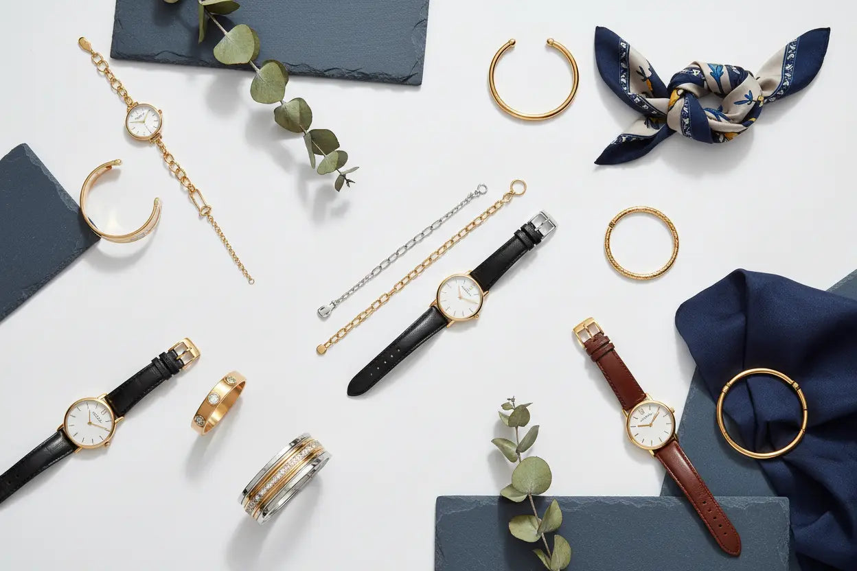 Gold-toned watch with white dial and black leather strap displayed in luxury watches and designer bracelets collection.