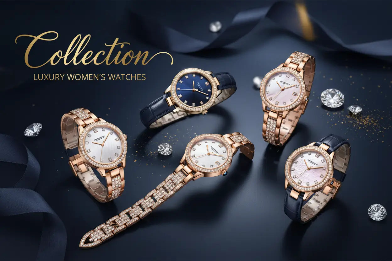 Rose gold diamond-encrusted women’s watches with pearl-like dials and leather straps luxury women timepieces collection.