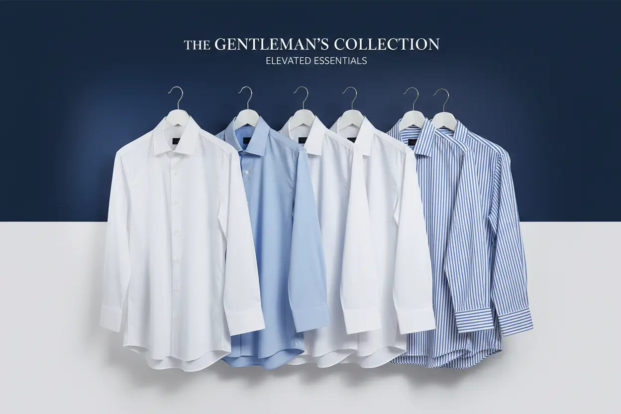A collection of five tailored men dress shirts in white and light blue with crisp collars and button-down fronts.