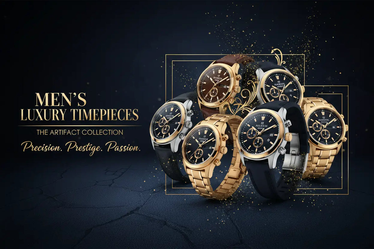 A collection of men watches featuring gold and silver metal bracelets black chronograph dials and brown black straps