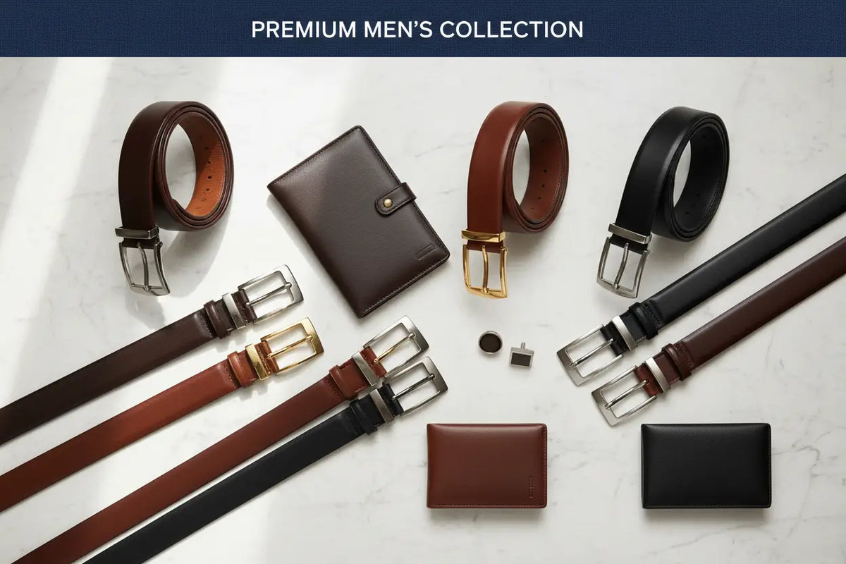 Brown leather wallet with a single gold tone button closure from men’s belts and accessories collection.