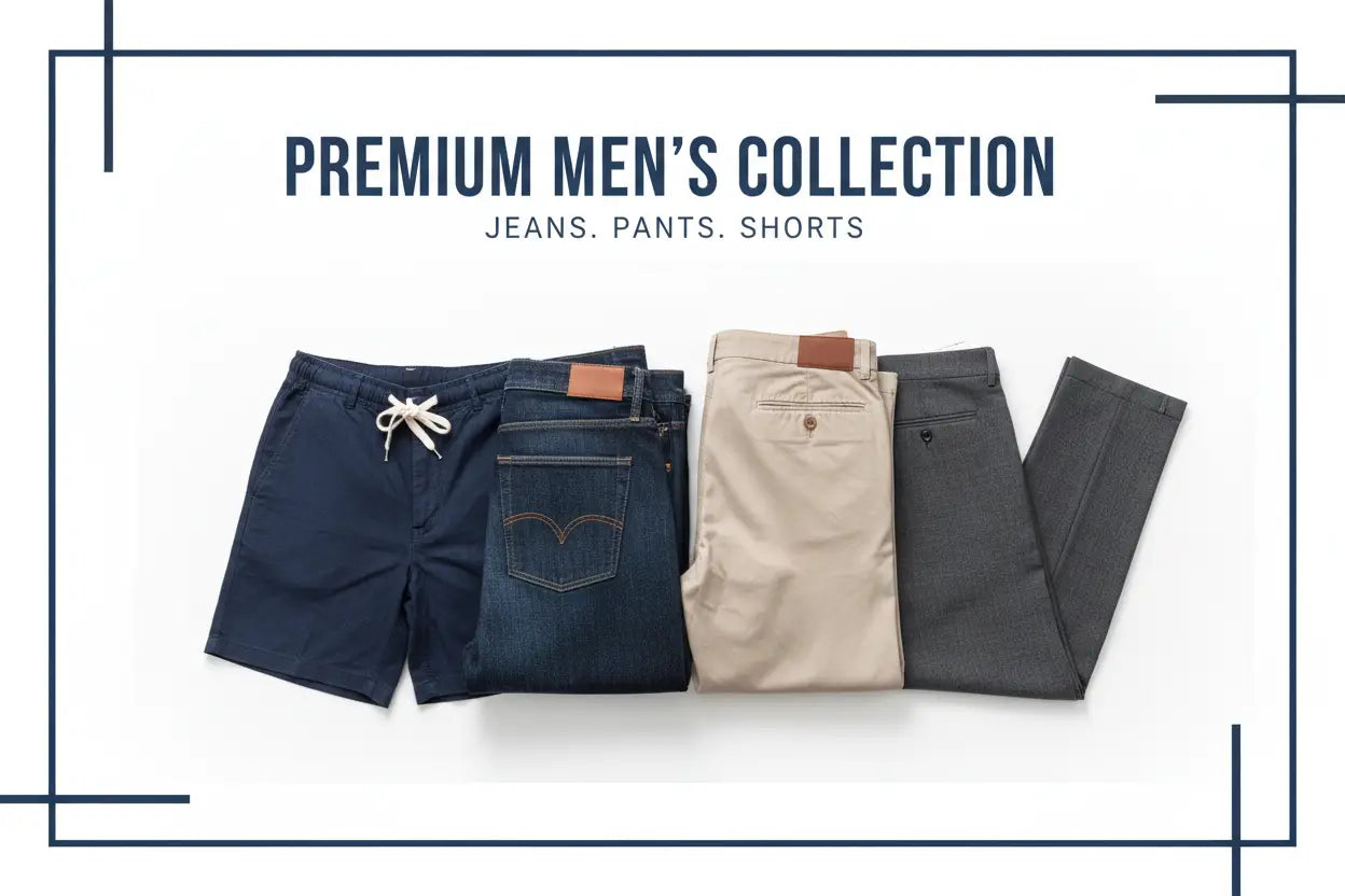 Navy blue denim shorts with white drawstring and brown leather patch from the men’s bottoms and denim collection