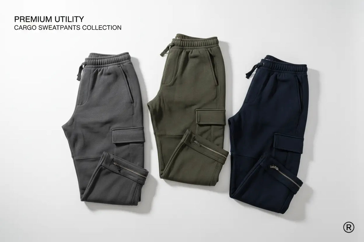 Three pairs of mens cargo sweatpants in gray olive green and navy blue featuring multiple pockets and a comfortable fit