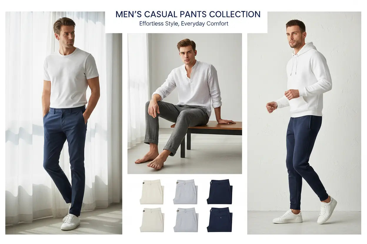 Navy blue slim-fit casual pants made of comfortable fabric from the men’s casual pants collection.