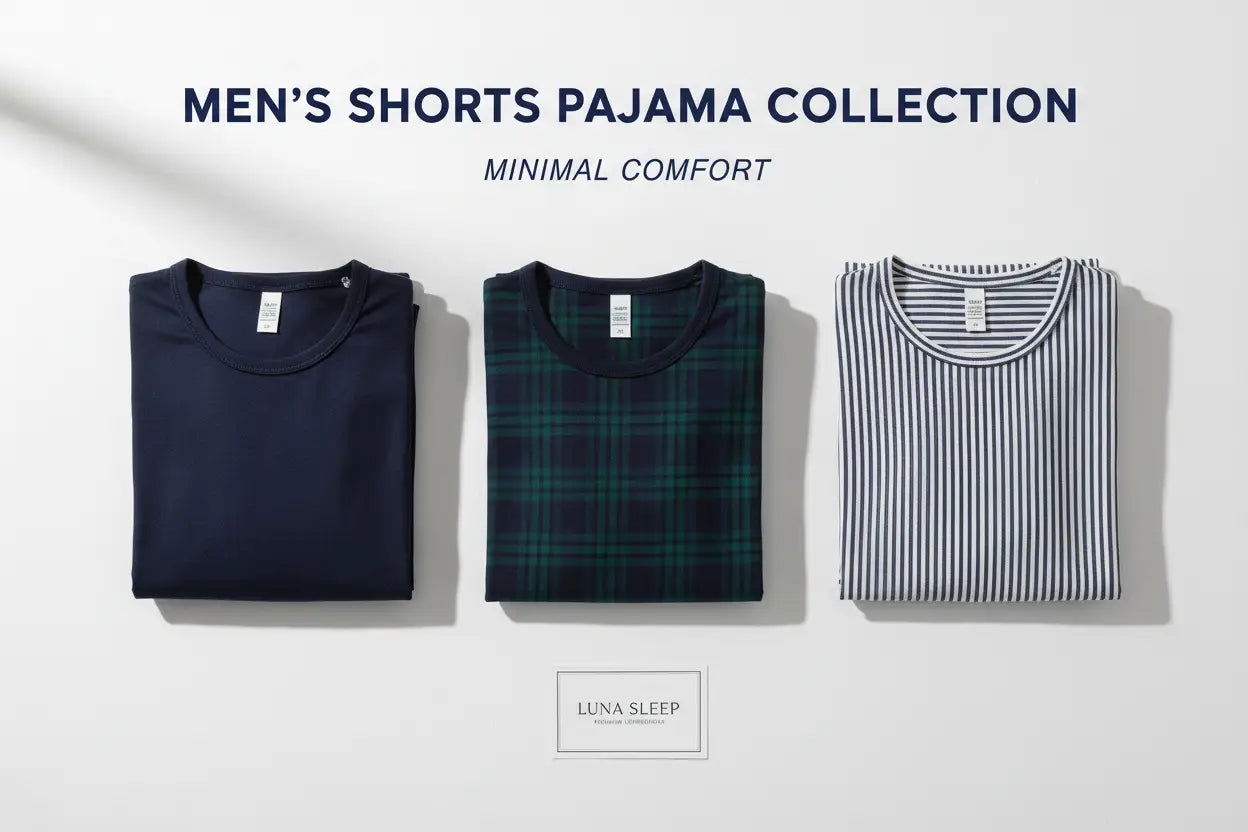 Three neatly folded men’s pajama tops in navy blue, dark green plaid, and black-and-white stripe for lounge and sleepwear essentials