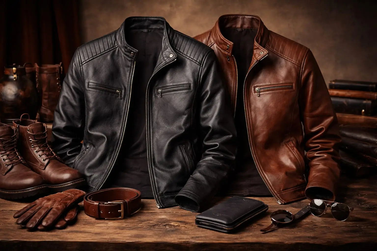 Black leather motorcycle jacket with silver zippers and ribbed collar from men’s premium leather apparel collection