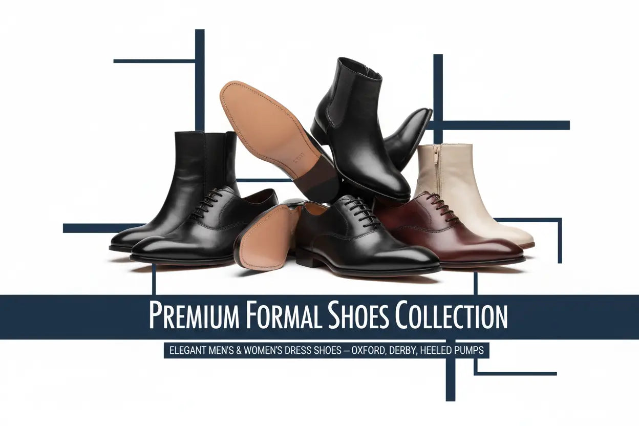 A collection of men’s premium professional dress shoes in polished leather black burgundy and beige colors.