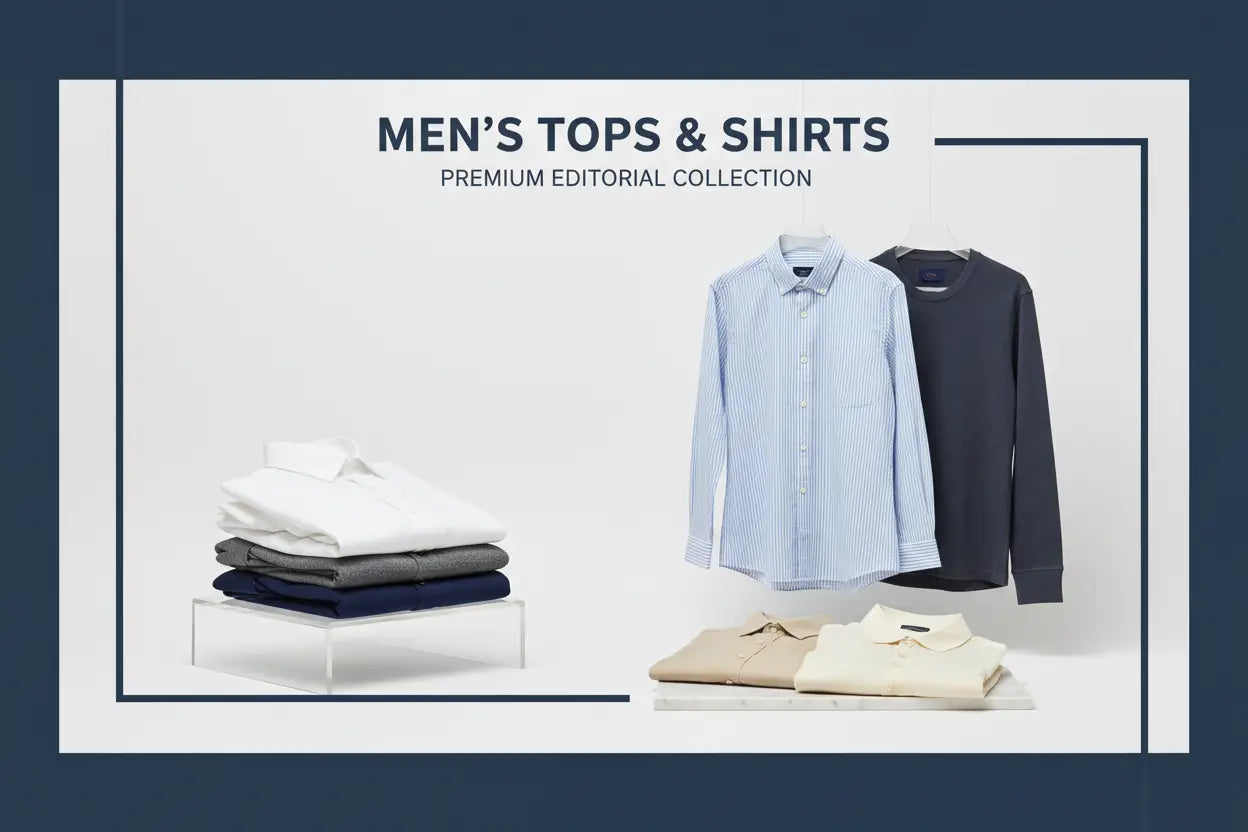 A neatly folded stack of men’s premium tops and shirts in crisp white charcoal gray and navy blue for formal wear