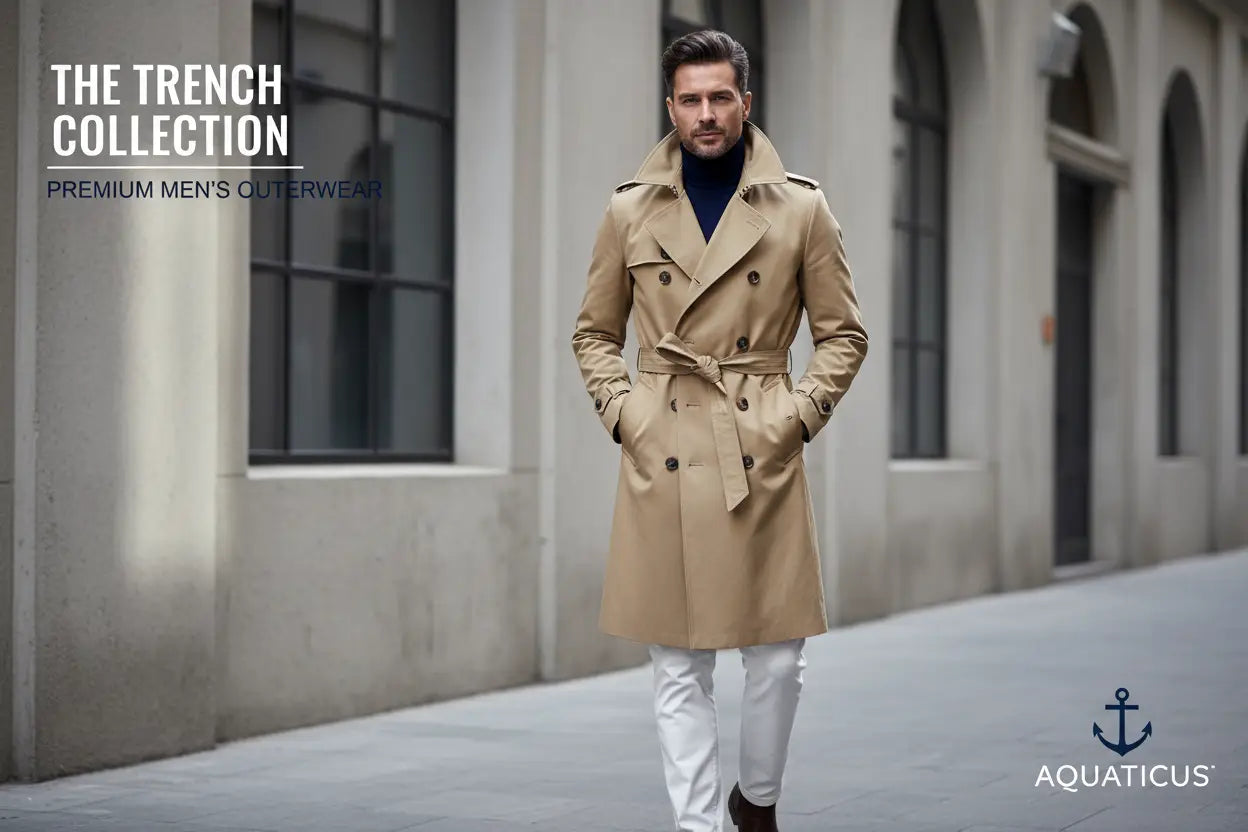 Beige trench coat with double-breasted front belted waist and classic collar from mens trench coats and jackets collection.