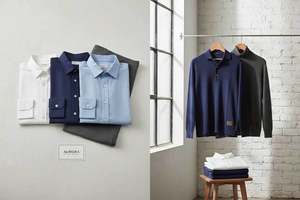 A neatly folded stack of three men’s long sleeve button-down shirts in white navy blue and light blue cotton fabric