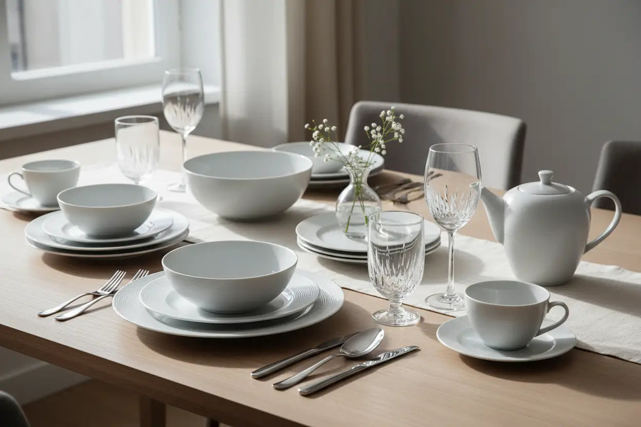 White ceramic teapot with glossy finish and subtle handle design from modern dinnerware and elegant tableware collection.