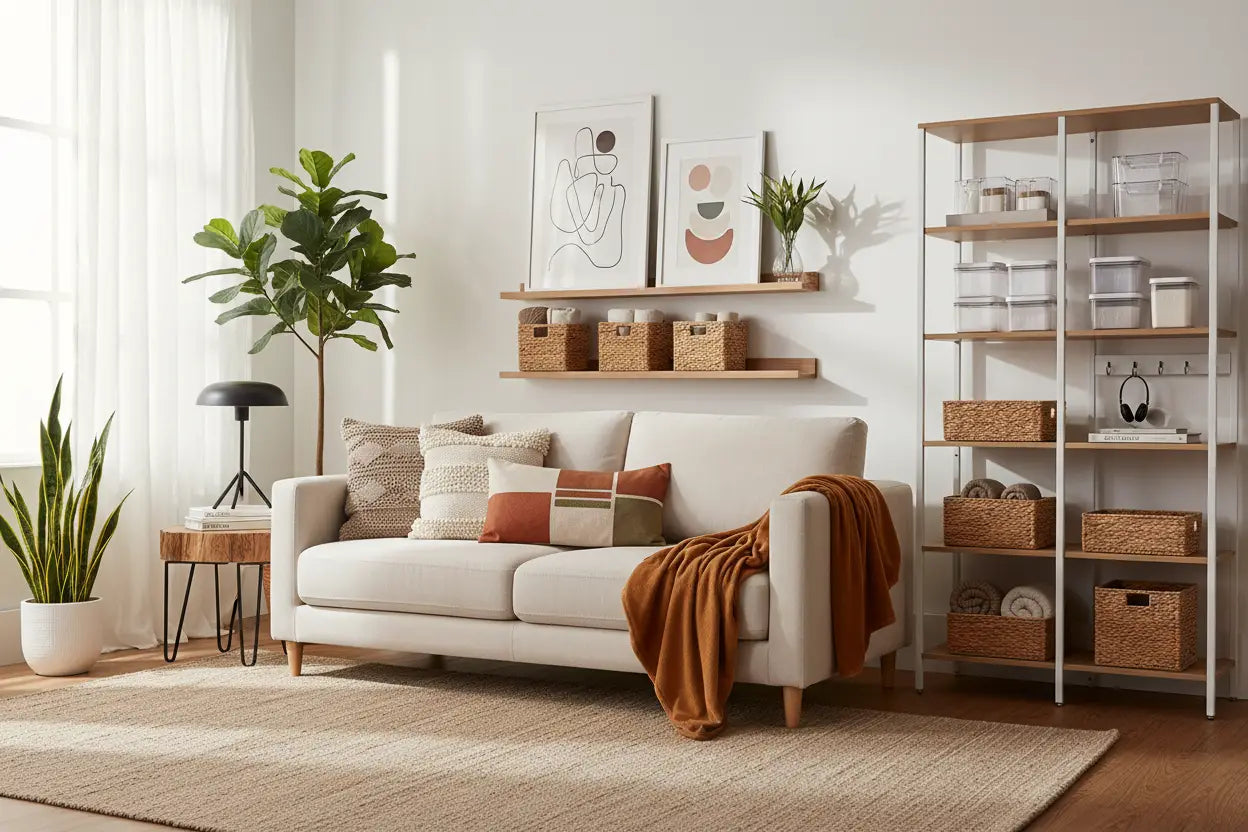 Beige upholstered sofa with wooden legs and rust-colored throw blanket in modern home decor and essentials collection.