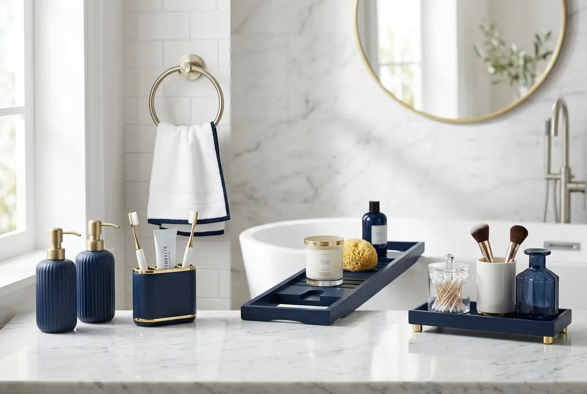 Navy blue and gold ribbed bathroom accessories set with modern design for everyday bathroom by Arba Global.