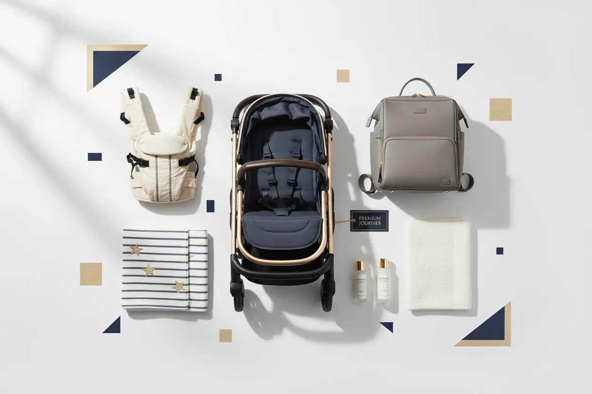 Navy blue and rose gold framed stroller with black wheels shown from the back in the baby travel collection.