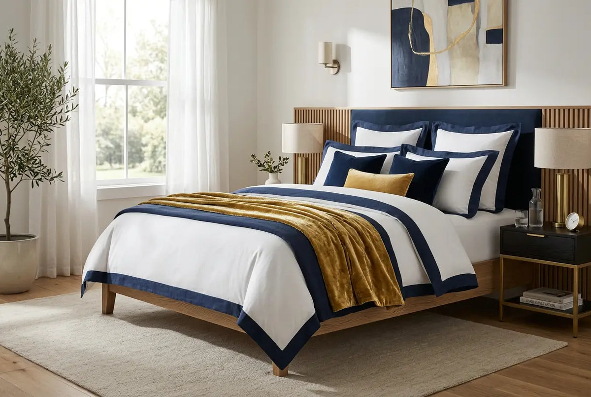Navy blue and white bedding set with gold velvet throw blanket from Arba Global bedding bedroom collection