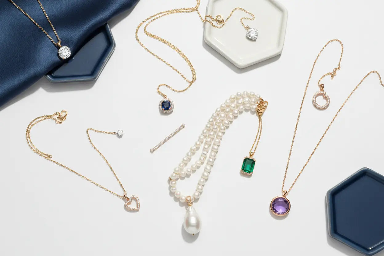 A multi-strand pearl necklace with a gold clasp and teardrop pendant accented by emerald and amethyst stones.