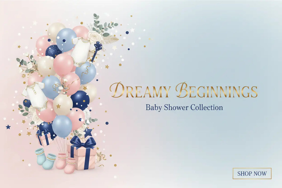 Pastel pink and navy blue balloon bouquet with baby-themed decorations for a baby shower celebration.