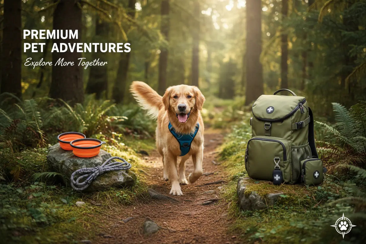 Olive green backpack with black straps and multiple compartments featuring a white cross emblem for pet adventure gear