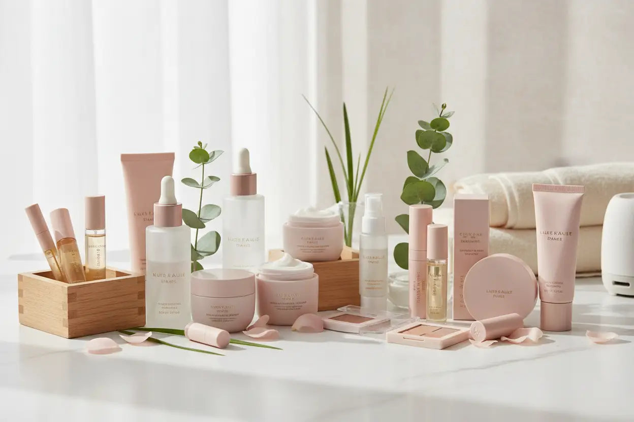 A collection of pale pink and white skincare products neatly arranged on a bright surface for premium beauty care