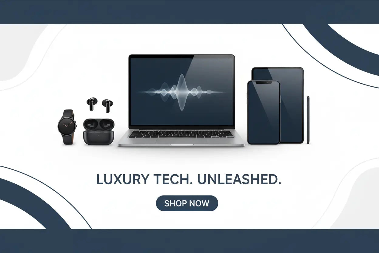 Silver laptop with black keyboard displaying a white sound wave graphic in premium electronics collection