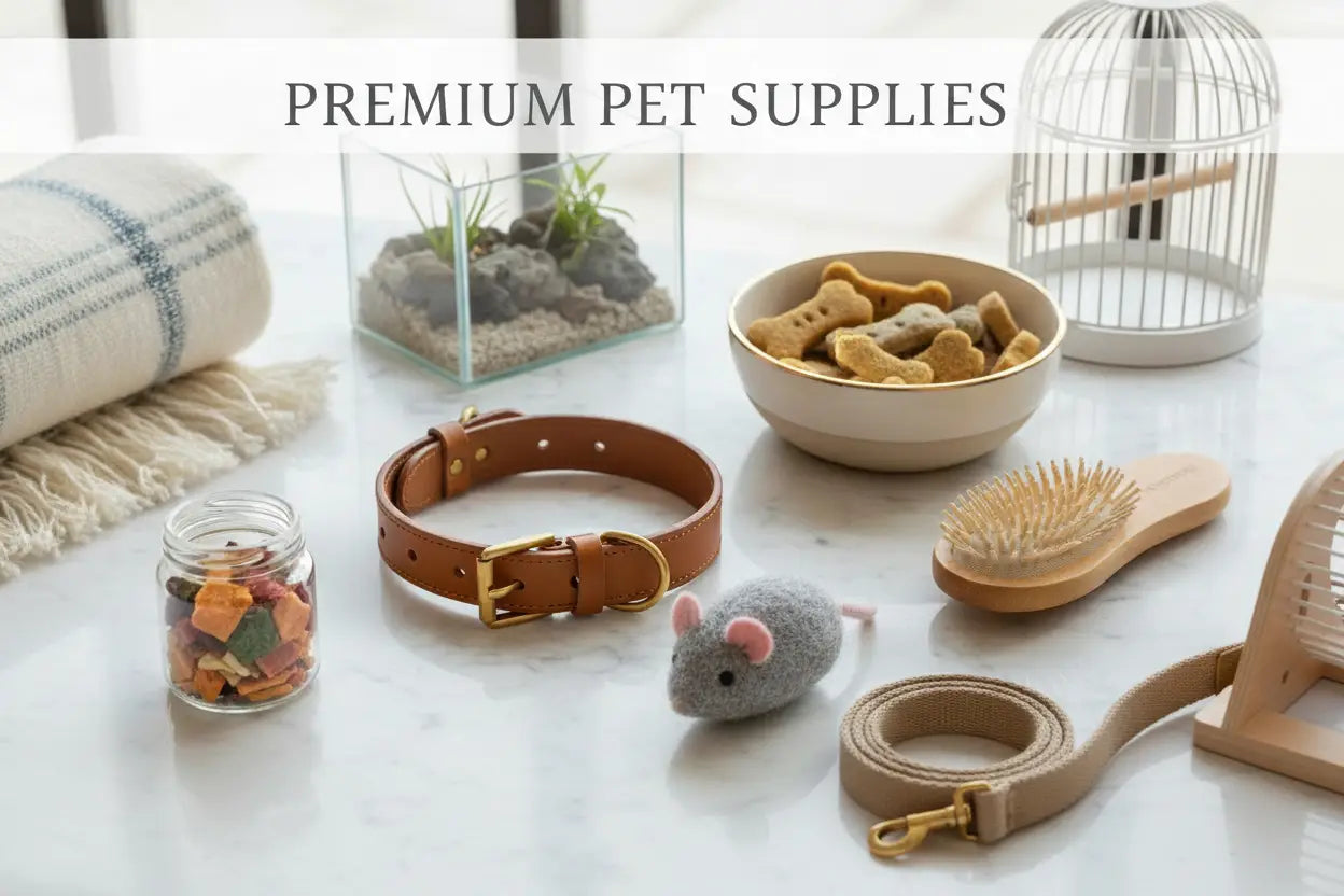 Tan leather pet collar with gold-toned metal buckle and d-ring from the premium pet essentials and accessories collection