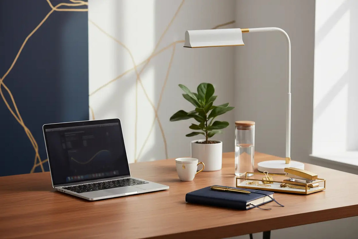 White desk lamp with gold accent on arm and base designed for office and work essentials collection