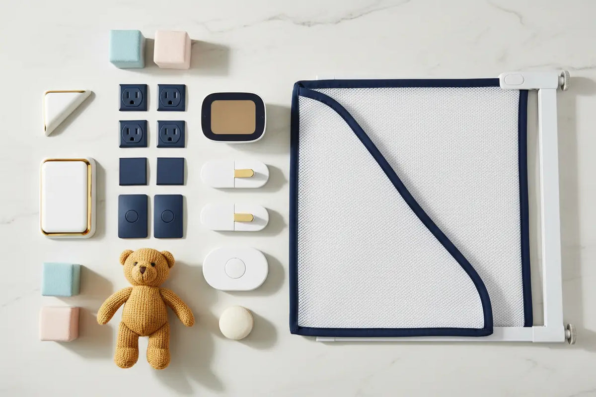 White mesh baby gate with navy blue trim designed for baby safety and secure indoor use