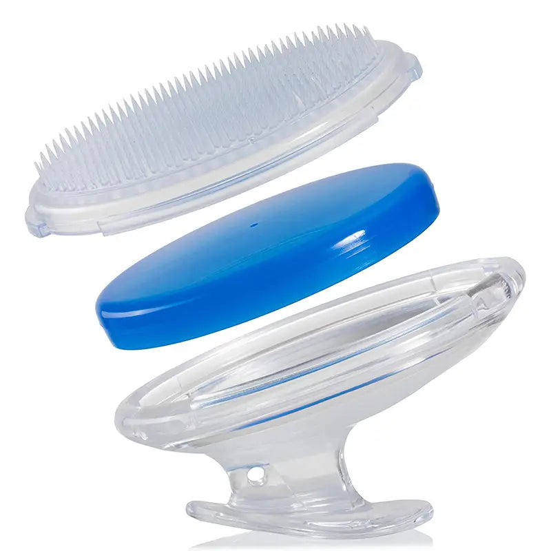 Clear plastic body with blue lid and white bristle head detachable brush attachment designed as a scalp massage brush exfoliating hair meridian comb.