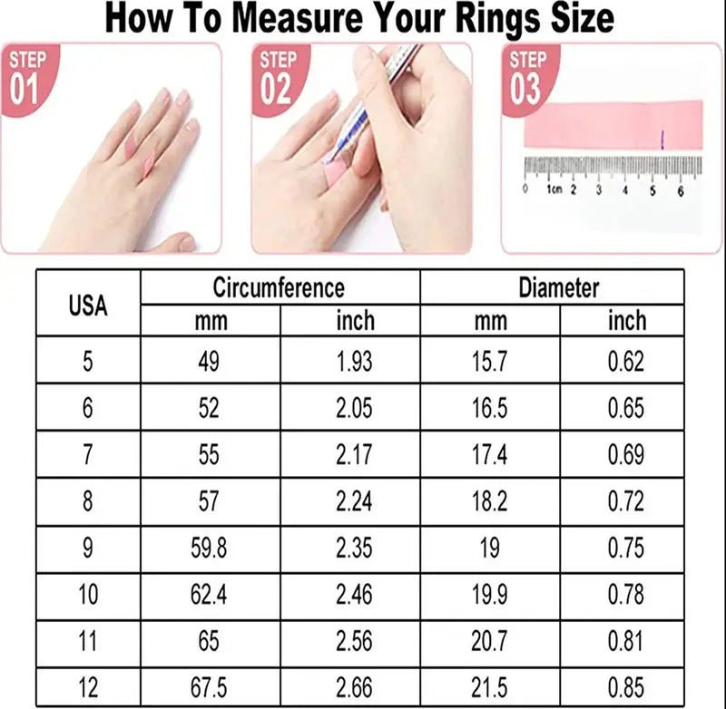 ring size measurement guide with step-by-step instructions and a us ring size conversion chart for celestial stainless steel anxiety spinner ring set.