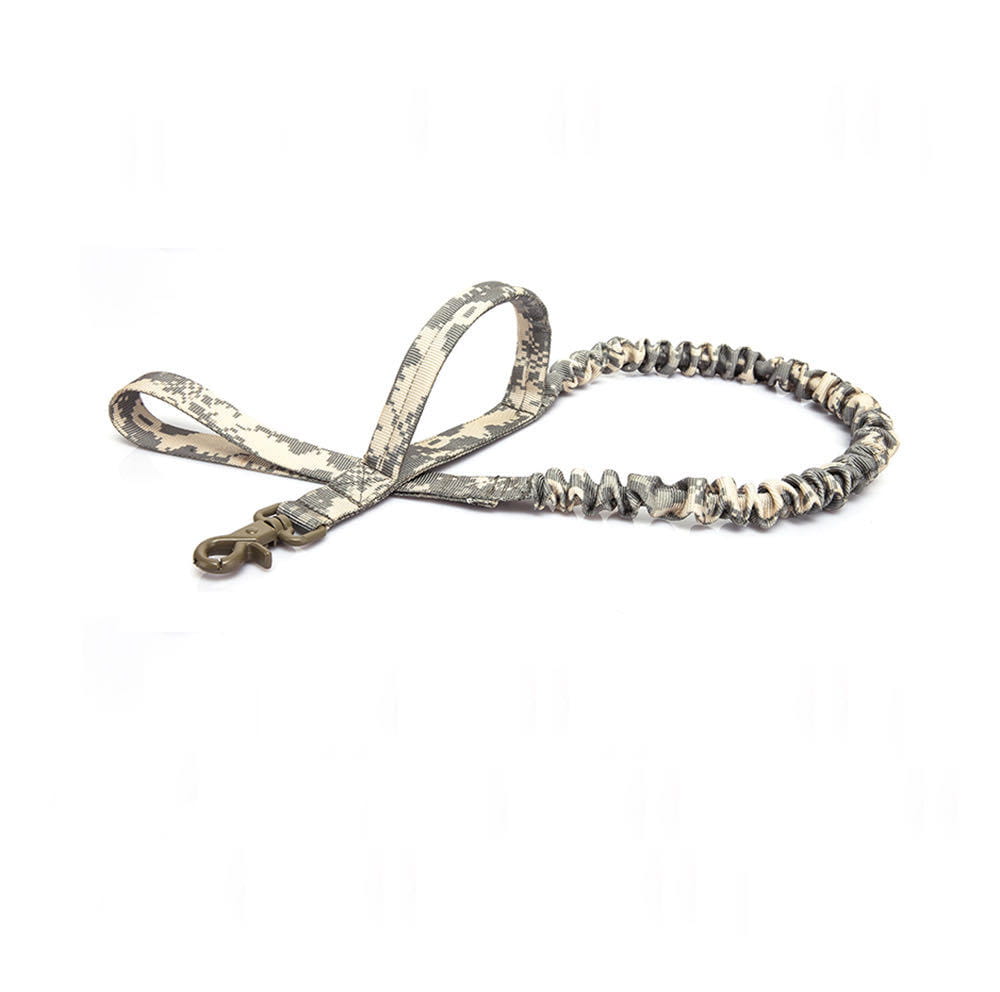 Tactical bungee dog leash in camouflage pattern with a textured elasticated middle section and a sturdy metal clasp for secure pet control.
