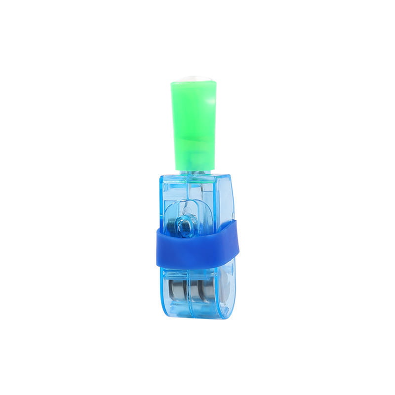 Blue plastic pencil sharpener with green sharpening tip and blue rubber band as part of cartoon finger projection lamp luminous toy 10 pack