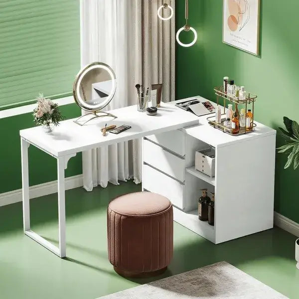 White modern l-shaped makeup vanity with sleek metal legs integrated drawers and a round mirror on its surface