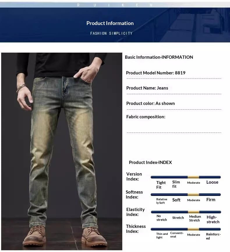 A pair of slim fit faded blue denim jeans with subtle distressing details for men.